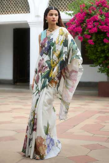 Dressfolk_Multi Color Linen Printed Pre-draped Saree With Unstitched Blouse Piece _at_Aza_Fashions