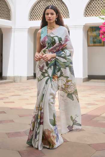 Dressfolk Printed Pre-Draped Saree With Unstitched Blouse Piece 