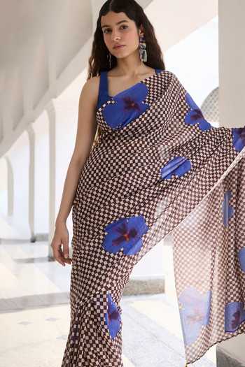 Buy_Dressfolk_Blue Handloom Cotton Square Neck Checkered Saree With Unstitched Blouse Piece _Online_at_Aza_Fashions
