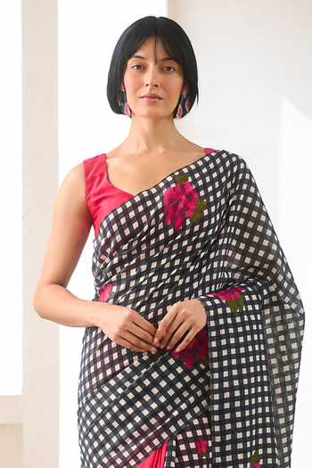 Buy_Dressfolk_Pink Handloom Cotton Checkered Saree With Unstitched Blouse Piece 