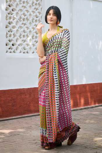 Buy_Dressfolk_Multi Color Handloom Cotton Checkered Saree And Unstitched Blouse Piece _Online_at_Aza_Fashions