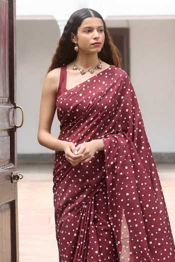 Buy_Dressfolk_White Handloom Cotton Polka Dot Saree And Unstitched Blouse _Online_at_Aza_Fashions