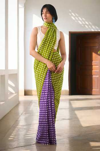 Buy_Dressfolk_Green Handloom Cotton Checkered Saree With Unstitched Blouse Piece _Online_at_Aza_Fashions