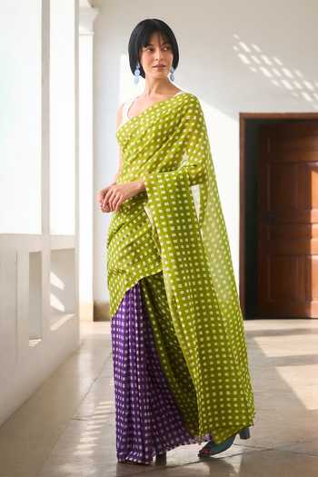 Shop_Dressfolk_Green Handloom Cotton Checkered Saree With Unstitched Blouse Piece _Online_at_Aza_Fashions