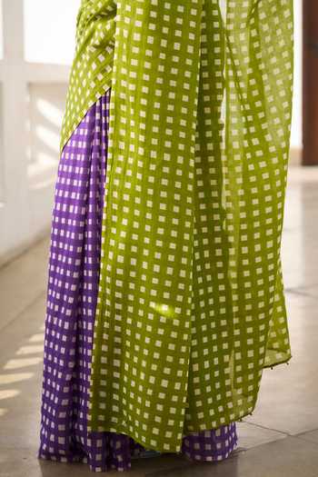 Dressfolk_Green Handloom Cotton Checkered Saree With Unstitched Blouse Piece _at_Aza_Fashions