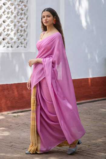Buy_Dressfolk_Yellow Handloom Cotton One Shoulder Checkered Saree With Unstitched Blouse Piece _Online_at_Aza_Fashions