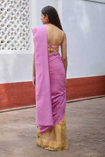 Shop_Dressfolk_Yellow Handloom Cotton One Shoulder Checkered Saree With Unstitched Blouse Piece _Online_at_Aza_Fashions