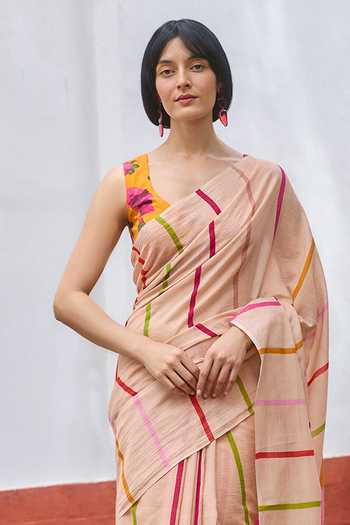 Dressfolk_Multi Color Handloom Cotton Striped Saree With Unstitched Blouse Piece _Online_at_Aza_Fashions