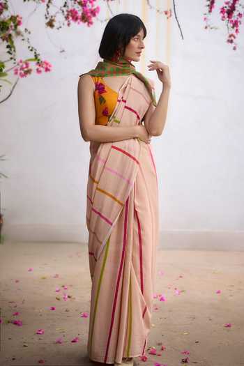 Buy_Dressfolk_Multi Color Handloom Cotton Striped Saree With Unstitched Blouse Piece _Online_at_Aza_Fashions