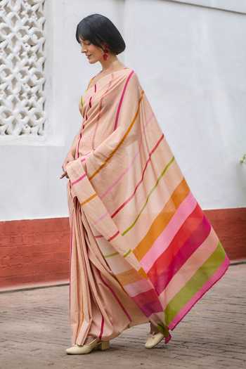 Shop_Dressfolk_Multi Color Handloom Cotton Striped Saree With Unstitched Blouse Piece _Online_at_Aza_Fashions