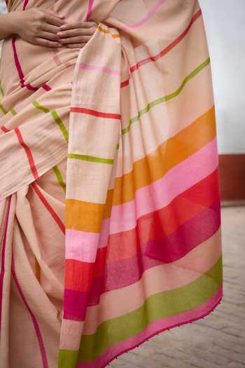 Dressfolk_Multi Color Handloom Cotton Striped Saree With Unstitched Blouse Piece _at_Aza_Fashions