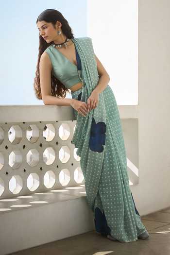 Dressfolk_Blue Handloom Cotton Polka Dot Saree And Unstitched Blouse Piece _Online_at_Aza_Fashions