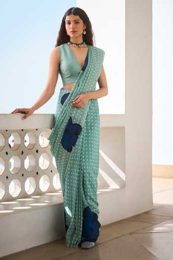 Buy_Dressfolk_Blue Handloom Cotton Polka Dot Saree And Unstitched Blouse Piece _Online_at_Aza_Fashions