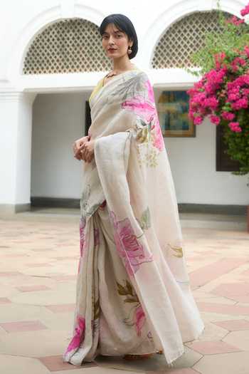 Dressfolk_Off White Linen Handloom Saree With Unstitched Blouse Piece _Online_at_Aza_Fashions