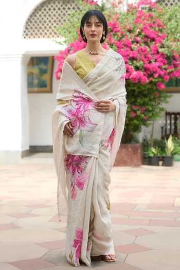 Buy_Dressfolk_Off White Linen Handloom Saree With Unstitched Blouse Piece _Online_at_Aza_Fashions