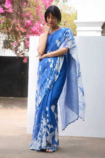 Dressfolk_Blue Linen Saree With Unstitched Blouse Piece _Online_at_Aza_Fashions