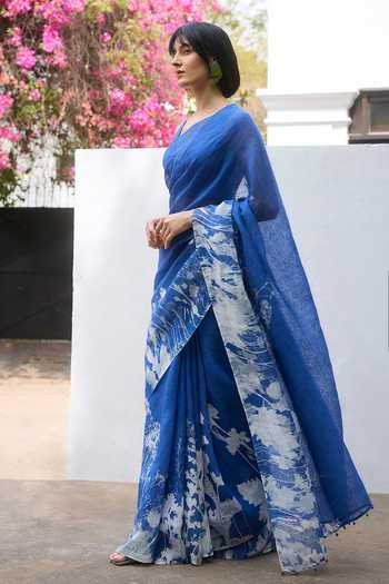 Buy_Dressfolk_Blue Linen Saree With Unstitched Blouse Piece _Online_at_Aza_Fashions
