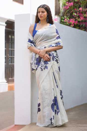 Dressfolk_Blue Linen Handloom Saree With Unstitched Blouse Piece _Online_at_Aza_Fashions
