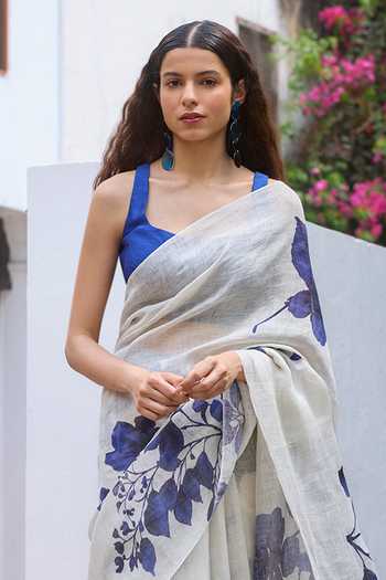 Buy_Dressfolk_Blue Linen Handloom Saree With Unstitched Blouse Piece _Online_at_Aza_Fashions
