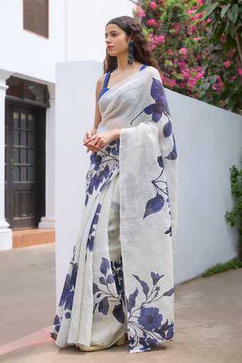 Shop_Dressfolk_Blue Linen Handloom Saree With Unstitched Blouse Piece _Online_at_Aza_Fashions