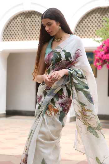 Dressfolk_Pink Linen Printed Saree With Unstitched Blouse Piece _Online_at_Aza_Fashions