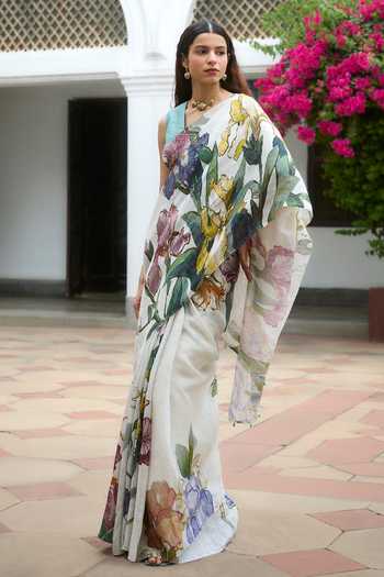 Buy_Dressfolk_Pink Linen Printed Saree With Unstitched Blouse Piece _Online_at_Aza_Fashions