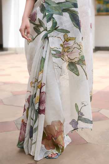 Shop_Dressfolk_Pink Linen Printed Saree With Unstitched Blouse Piece _Online_at_Aza_Fashions