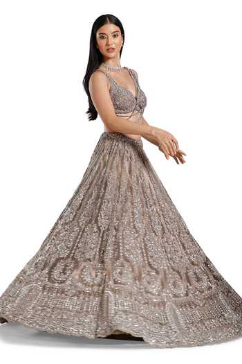 Shop_Mehar_Silver Net Sweetheart Neck Hand Embroidered Blouse And Lehenga Set _Online_at_Aza_Fashions