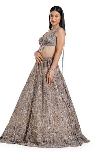 Mehar_Silver Net Sweetheart Neck Hand Embroidered Blouse And Lehenga Set _at_Aza_Fashions