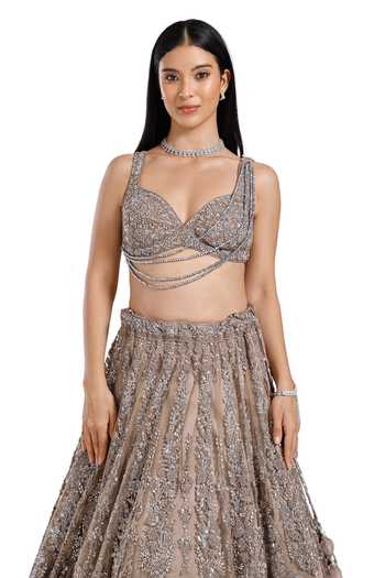 Shop_Mehar_Silver Net Sweetheart Neck Hand Embroidered Blouse And Lehenga Set 