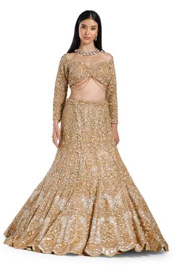 Buy_Mehar_Gold Net Sweetheart Neck Hand Embroidered Fish Cut Lehenga Set _Online_at_Aza_Fashions