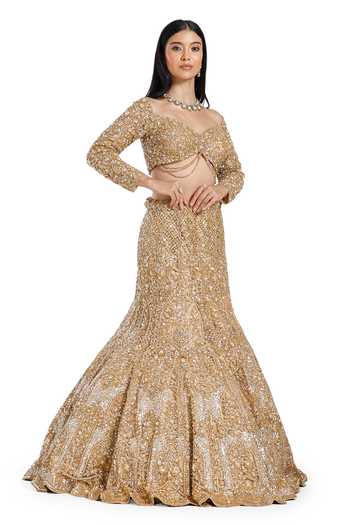 Shop_Mehar_Gold Net Sweetheart Neck Hand Embroidered Fish Cut Lehenga Set _Online_at_Aza_Fashions