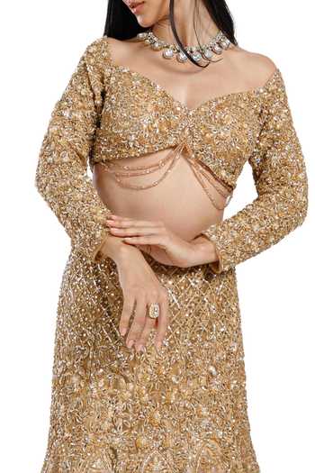 Buy_Mehar_Gold Net Sweetheart Neck Hand Embroidered Fish Cut Lehenga Set 