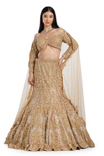 Shop_Mehar_Gold Net Sweetheart Neck Hand Embroidered Fish Cut Lehenga Set 