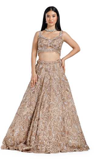 Buy_Mehar_Gold Net Leaf Neck Hand Embroidered Lehenga Set _Online_at_Aza_Fashions