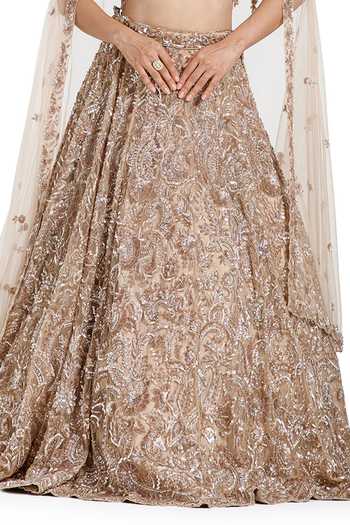 Shop_Mehar_Gold Net Leaf Neck Hand Embroidered Lehenga Set _Online_at_Aza_Fashions