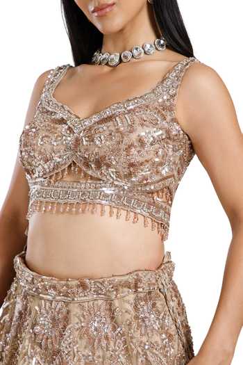 Mehar_Gold Net Leaf Neck Hand Embroidered Lehenga Set _at_Aza_Fashions