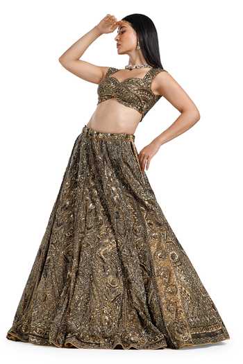 Shop_Mehar_Gold Net Sweetheart Neck Zardozi Work Lehenga Set _Online_at_Aza_Fashions