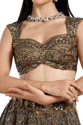 Mehar_Gold Net Sweetheart Neck Zardozi Work Lehenga Set _at_Aza_Fashions