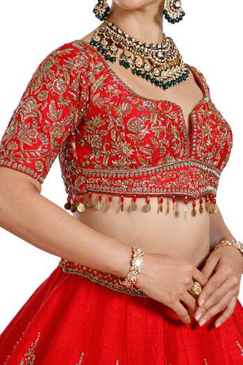 Shop_Mehar_Red Silk Scoop Neck Hand Embroidered Bridal Lehenga Set _Online_at_Aza_Fashions