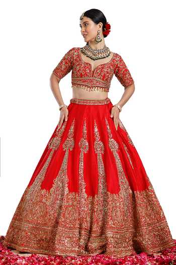 Mehar_Red Silk Scoop Neck Hand Embroidered Bridal Lehenga Set _at_Aza_Fashions
