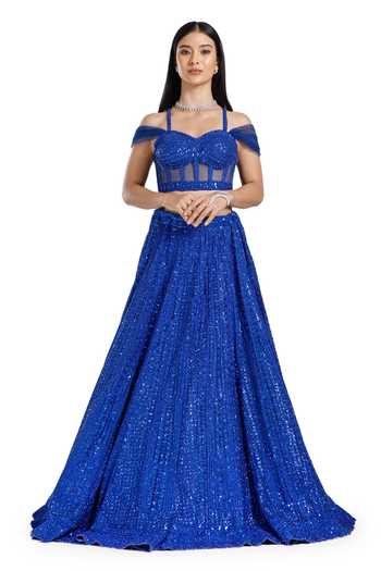 Buy_Mehar_Blue Net Sweetheart Neck Tonal Hand Embroidered Lehenga Set _Online_at_Aza_Fashions