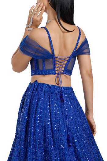 Mehar_Blue Net Sweetheart Neck Tonal Hand Embroidered Lehenga Set _at_Aza_Fashions