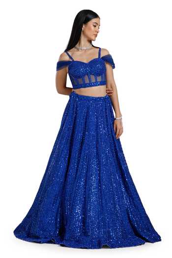 Buy_Mehar_Blue Net Sweetheart Neck Tonal Hand Embroidered Lehenga Set 
