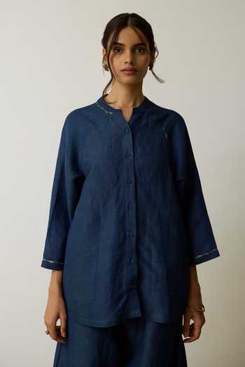 Rhua_Blue Linen Mandarin Collar Aira Kurta And Salwar Set _Online_at_Aza_Fashions