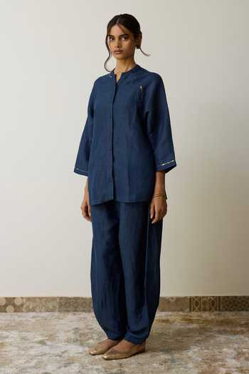 Buy_Rhua_Blue Linen Mandarin Collar Aira Kurta And Salwar Set _Online_at_Aza_Fashions