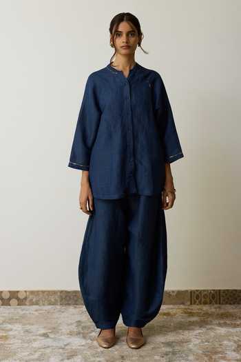 Shop_Rhua_Blue Linen Mandarin Collar Aira Kurta And Salwar Set _Online_at_Aza_Fashions