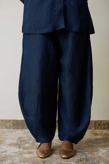 Rhua_Blue Linen Mandarin Collar Aira Kurta And Salwar Set _at_Aza_Fashions