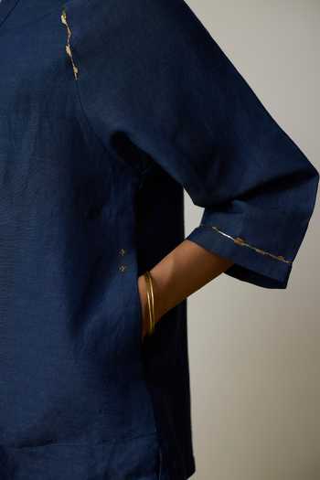 Buy_Rhua_Blue Linen Mandarin Collar Aira Kurta And Salwar Set 