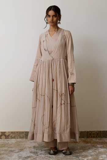 Rhua_Beige Handloom Cotton V-neck, Yes Sira Angarkha Pant Set _Online_at_Aza_Fashions